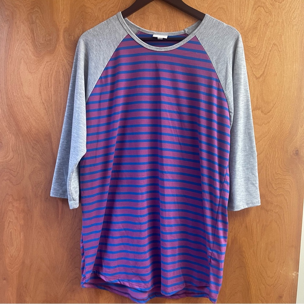 LuLaRoe Randy Baseball tee 3/4 sleeves Purple Blue Gray Stripe Women’s Size 2XL